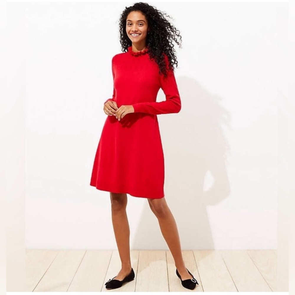 LOFT LONG SLEEVE RUFFLE NECK RED POINTELLE SWEATER DRESS SIZE EXTRA SMALL
